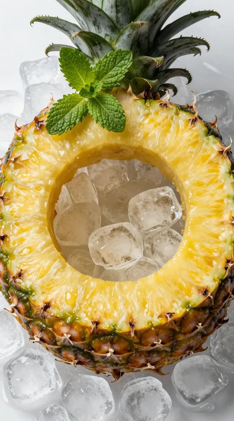 overhead closeup of pineapple ring with mint sprig on ice
