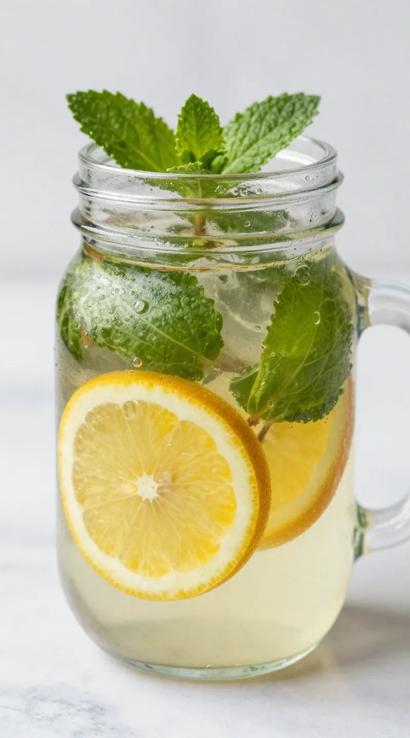 closeup mason jar of citrus mint detox water on marble