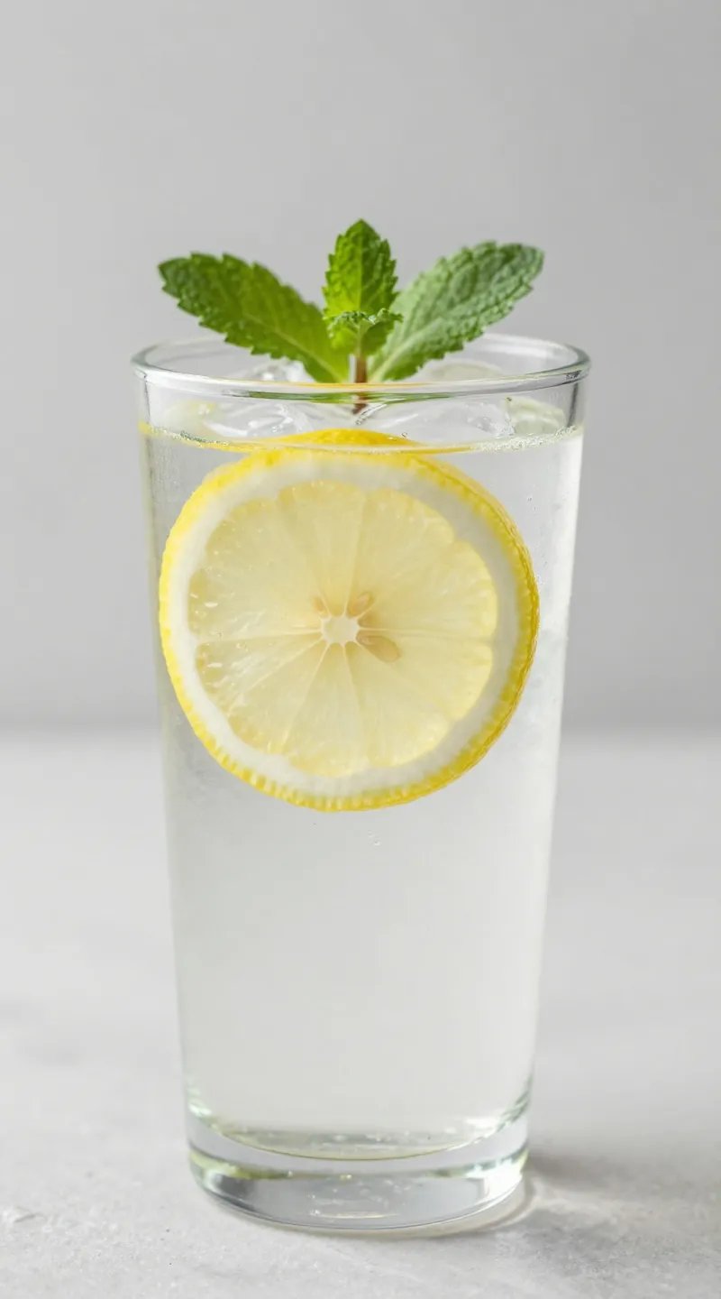 single lemon slice and mint sprig in iced water glass