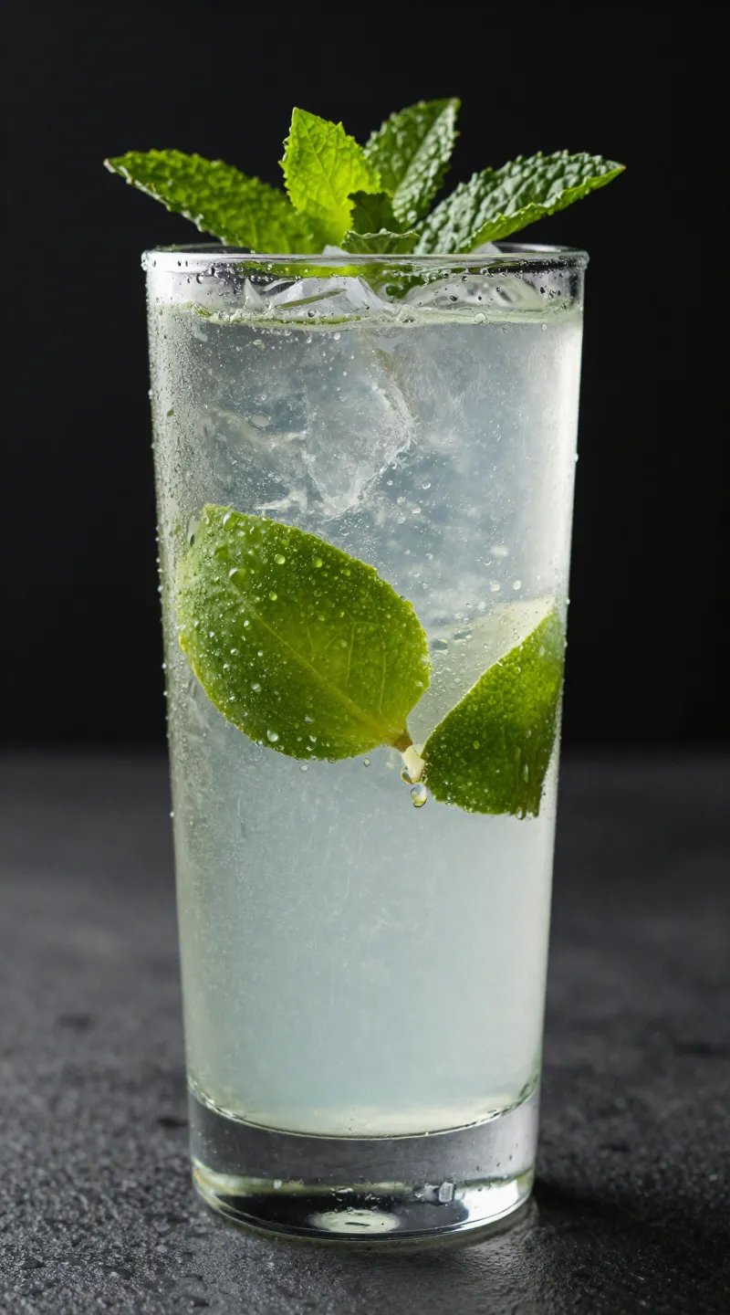 highball glass with lime-mint infused water, condensation droplets