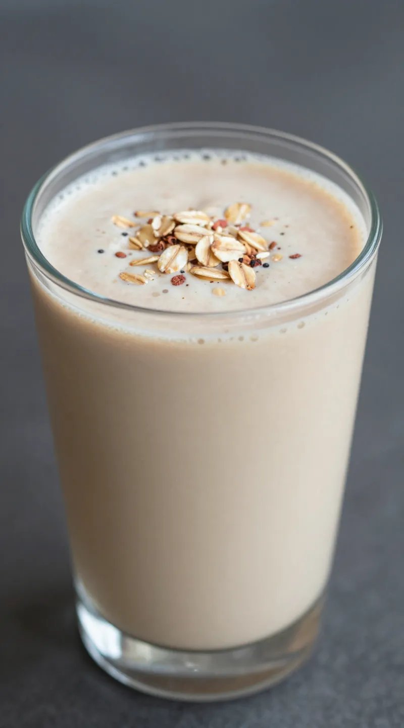 closeup cinnamon oat breakfast smoothie in clear glass
