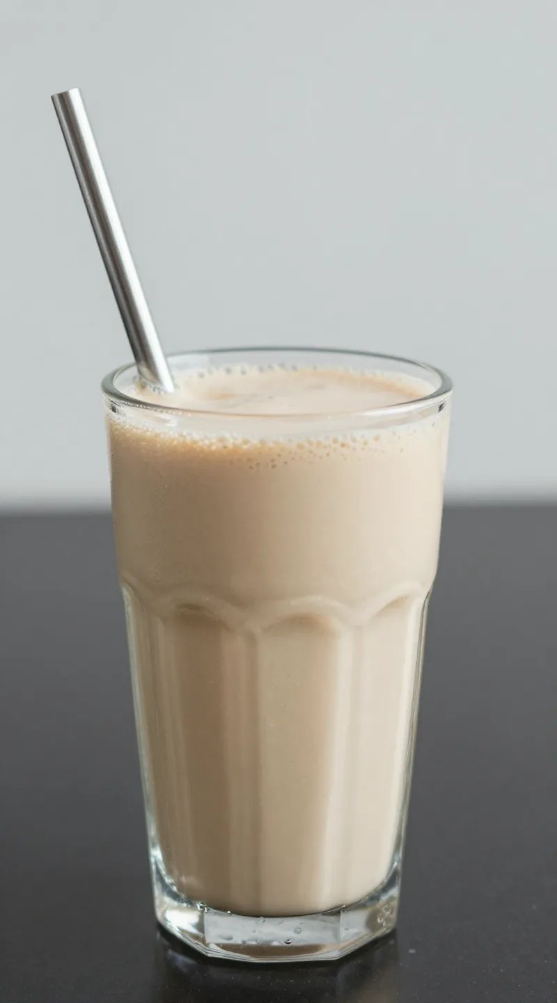 glass smoothie with metal straw, creamy cinnamon swirl visible