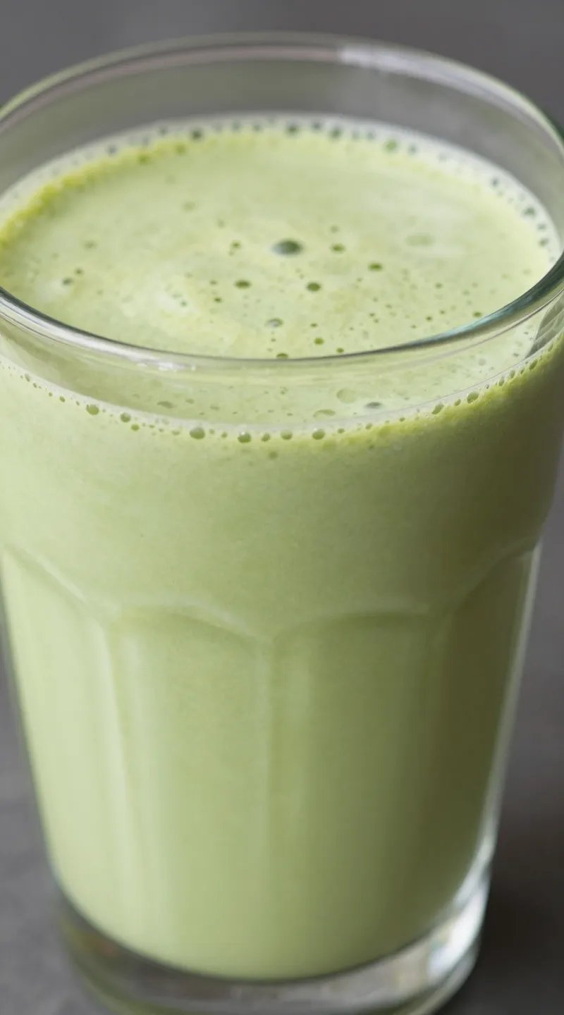 closeup of creamy avocado green smoothie in clear glass
