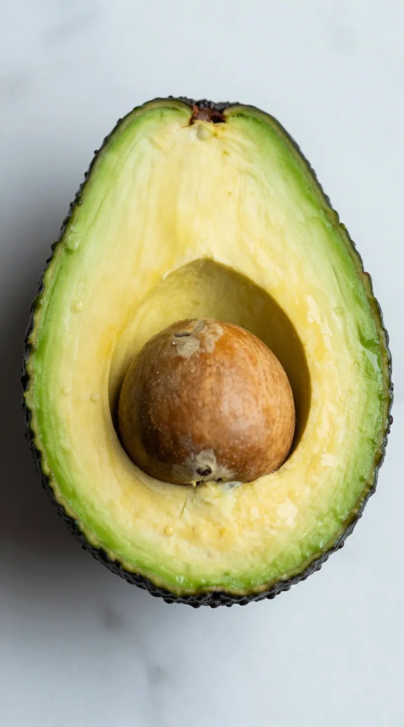 macro shot of halved ripe avocado on marble surface