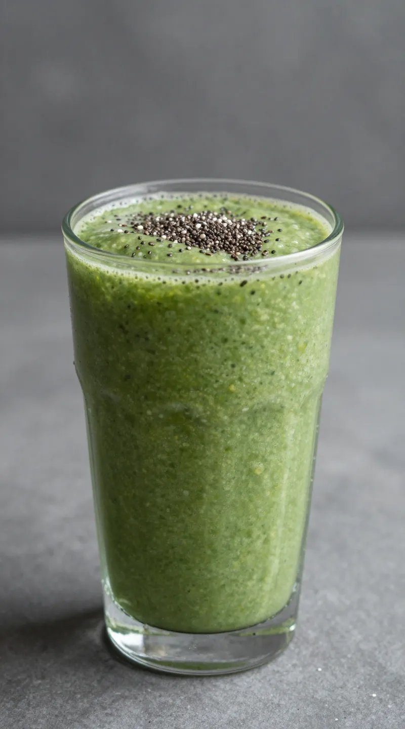 single green smoothie topped with chia seeds, studio lighting