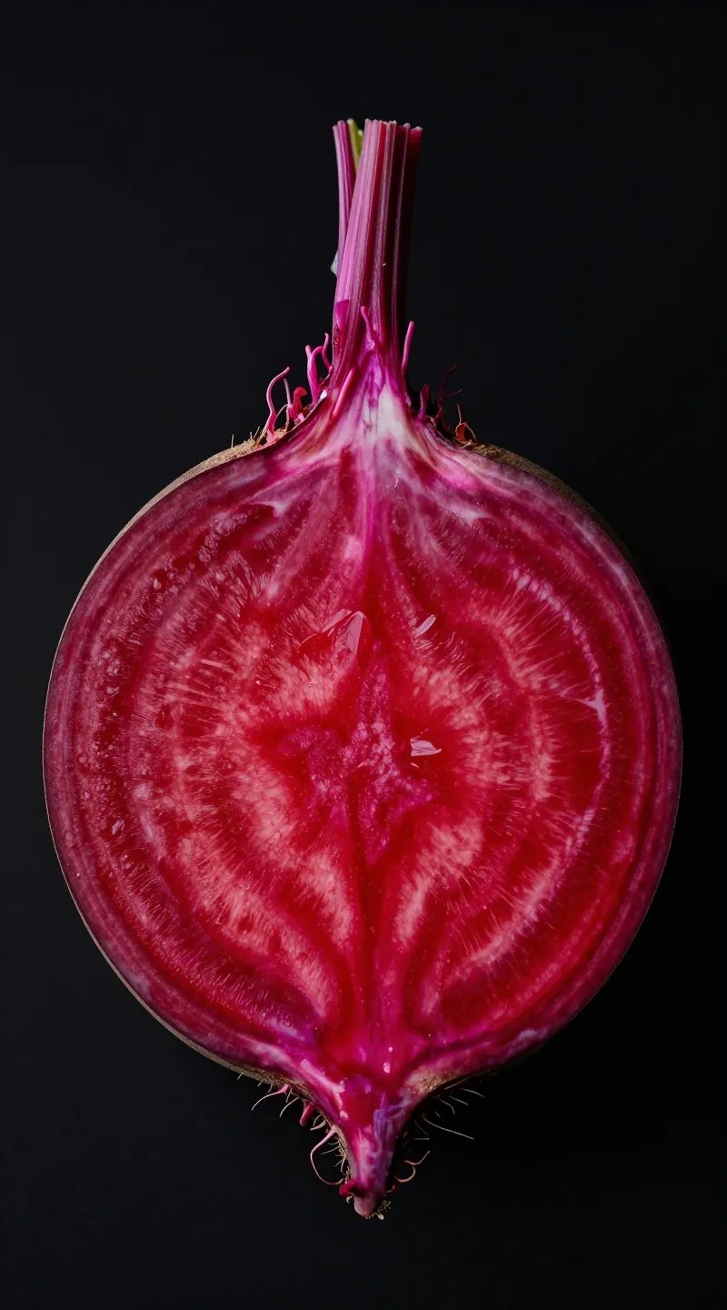 closeup of a single beetroot cross-section on black background