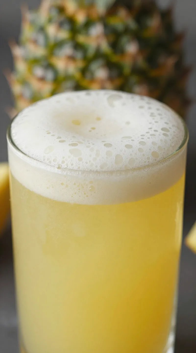 closeup glass of pineapple ginger juice with frothy top