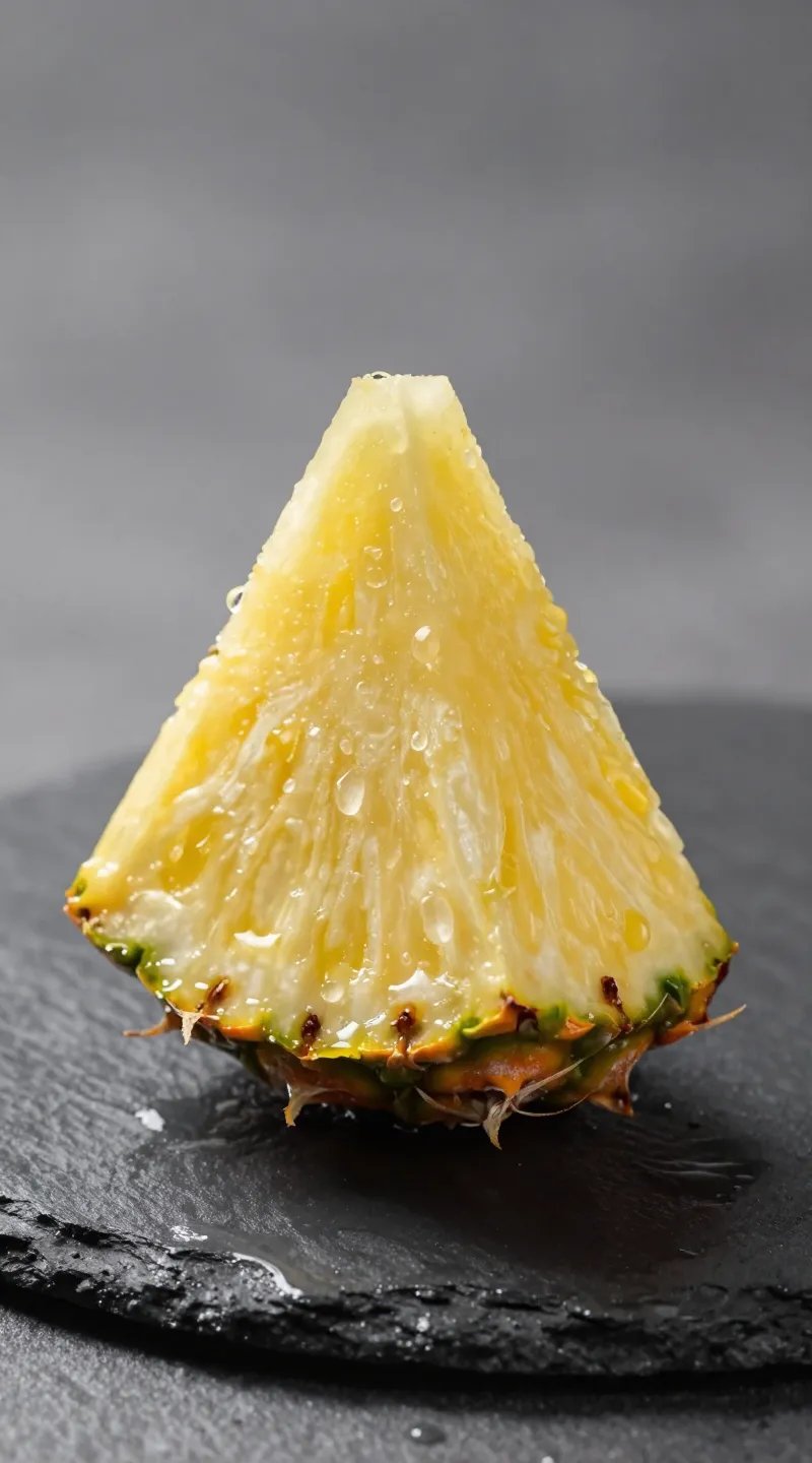 single pineapple wedge on wet slate, droplets glistening