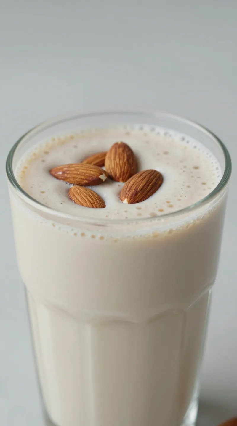 Closeup vanilla almond protein smoothie in clear glass, soft light
