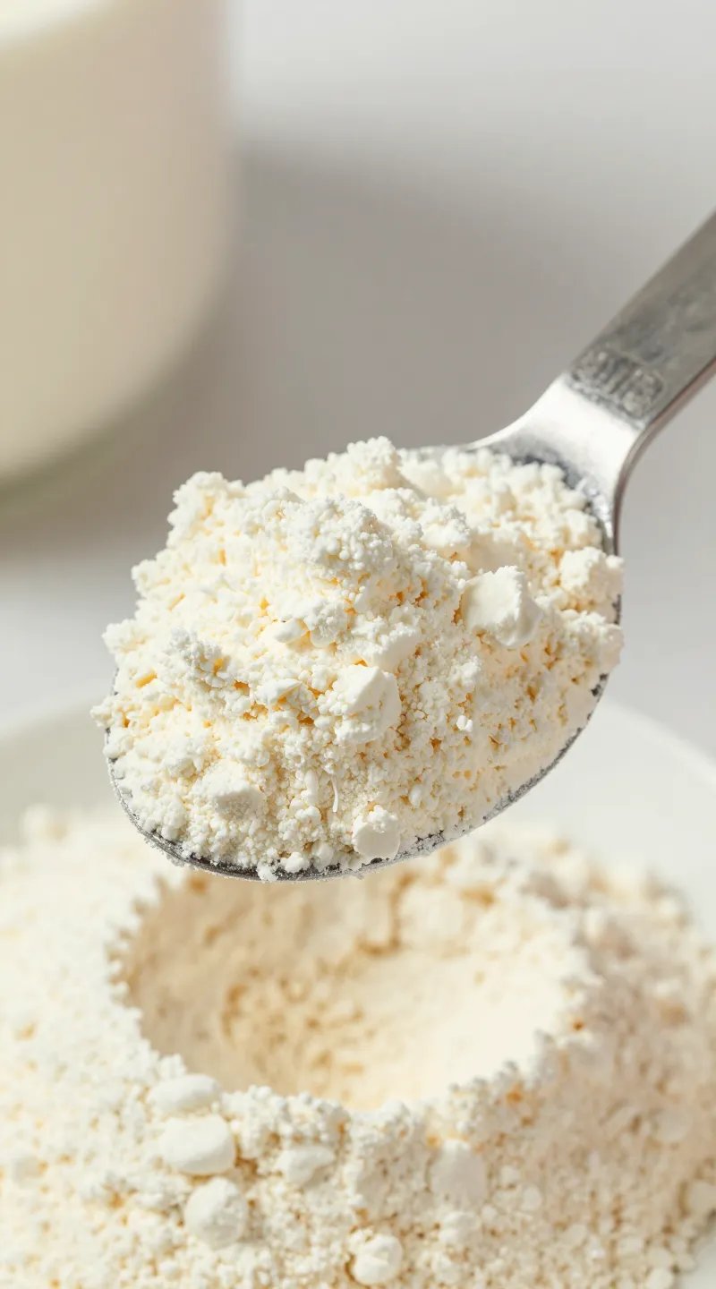 Scoop of vanilla protein powder on stainless measuring spoon, macro