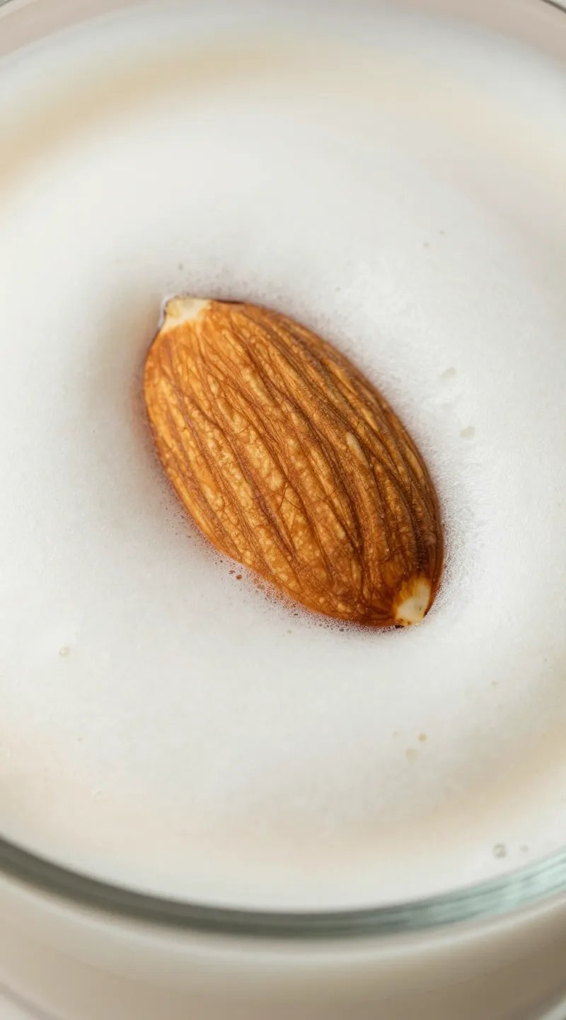 Single raw almond garnishing smoothie foam, extreme closeup