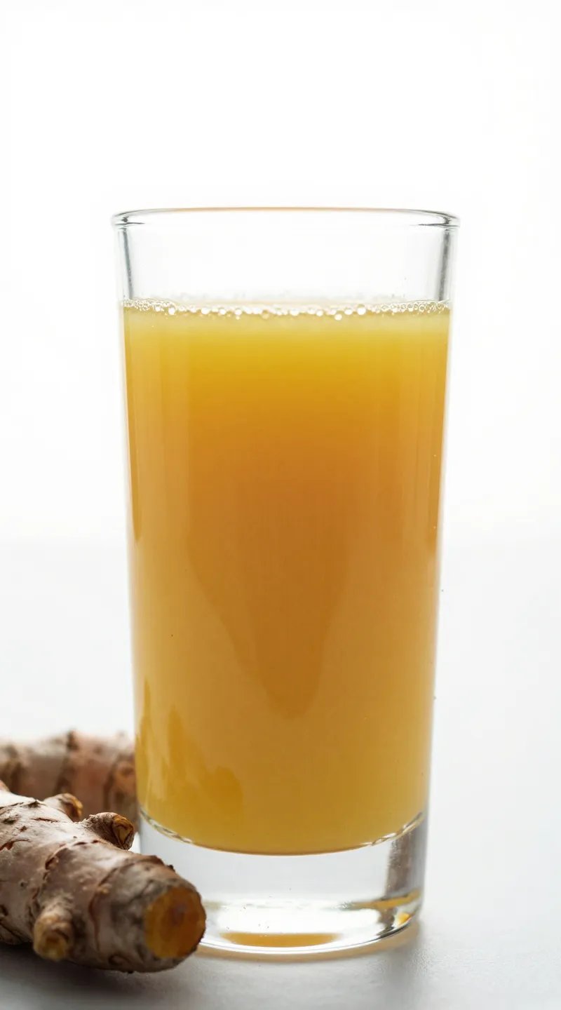 closeup ginger turmeric immunity shot in clear glass, bright backlight