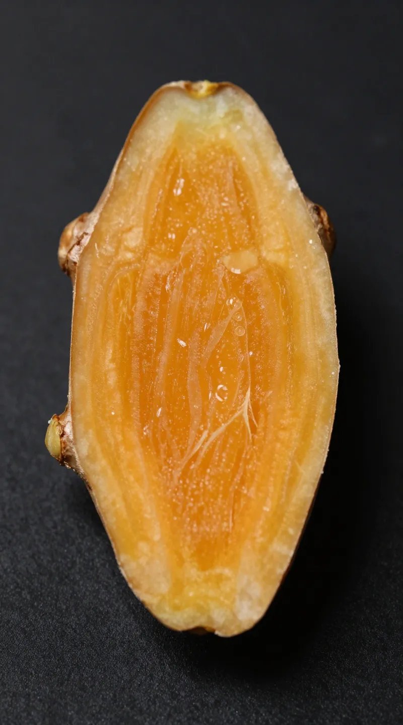 macro fresh turmeric root cross-section on matte black surface