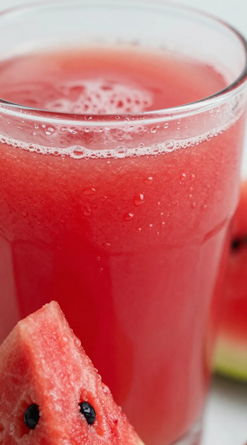 closeup lycopene-rich watermelon juice with condensation droplets