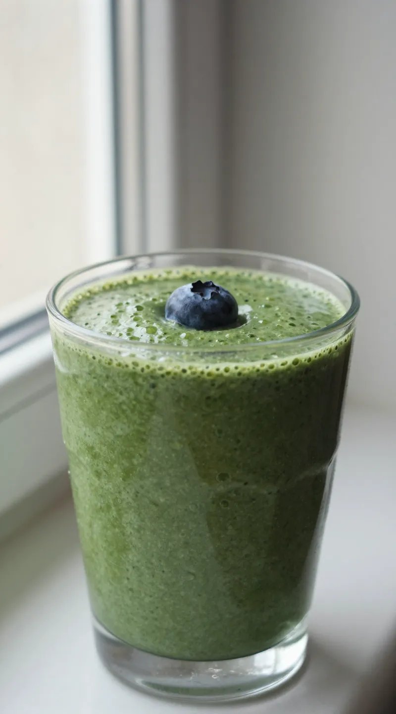 closeup blueberry spinach smoothie in clear glass, soft window light
