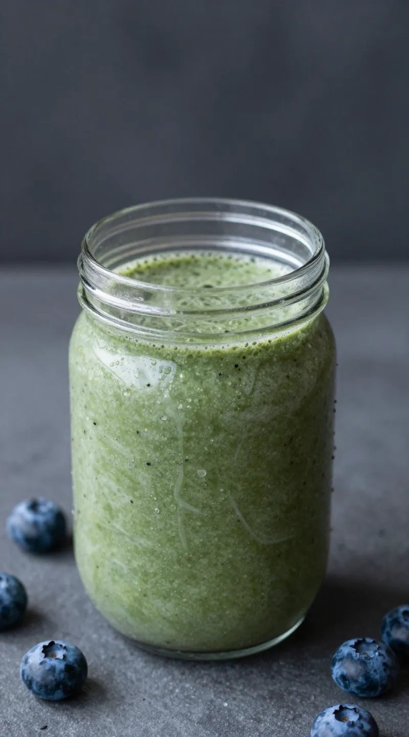 single frosty blender jar of blueberry spinach smoothie, overhead