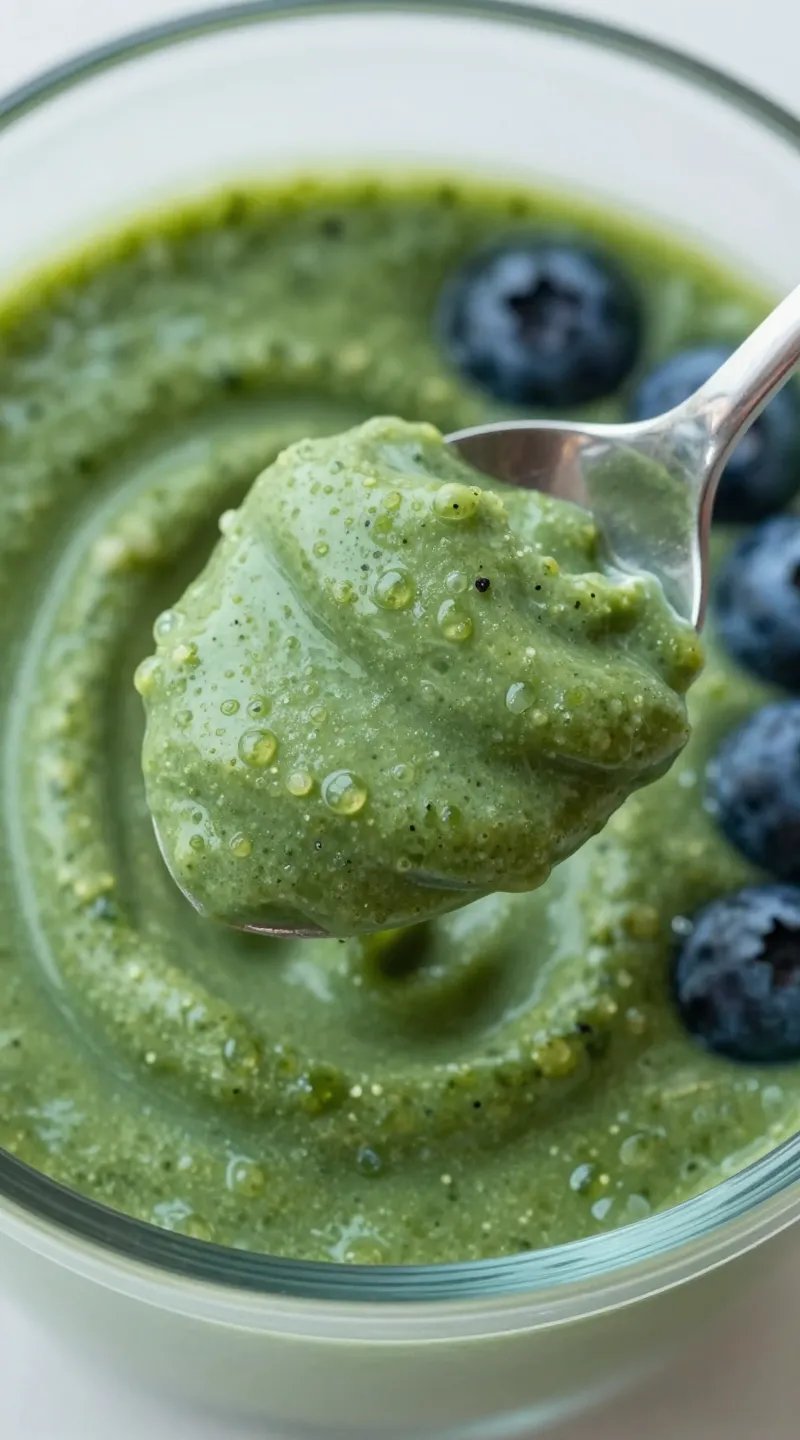 closeup spoonful of thick blueberry spinach smoothie, shallow depth of field