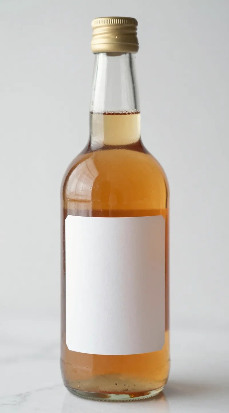 closeup of amber apple cider vinegar bottle on white marble