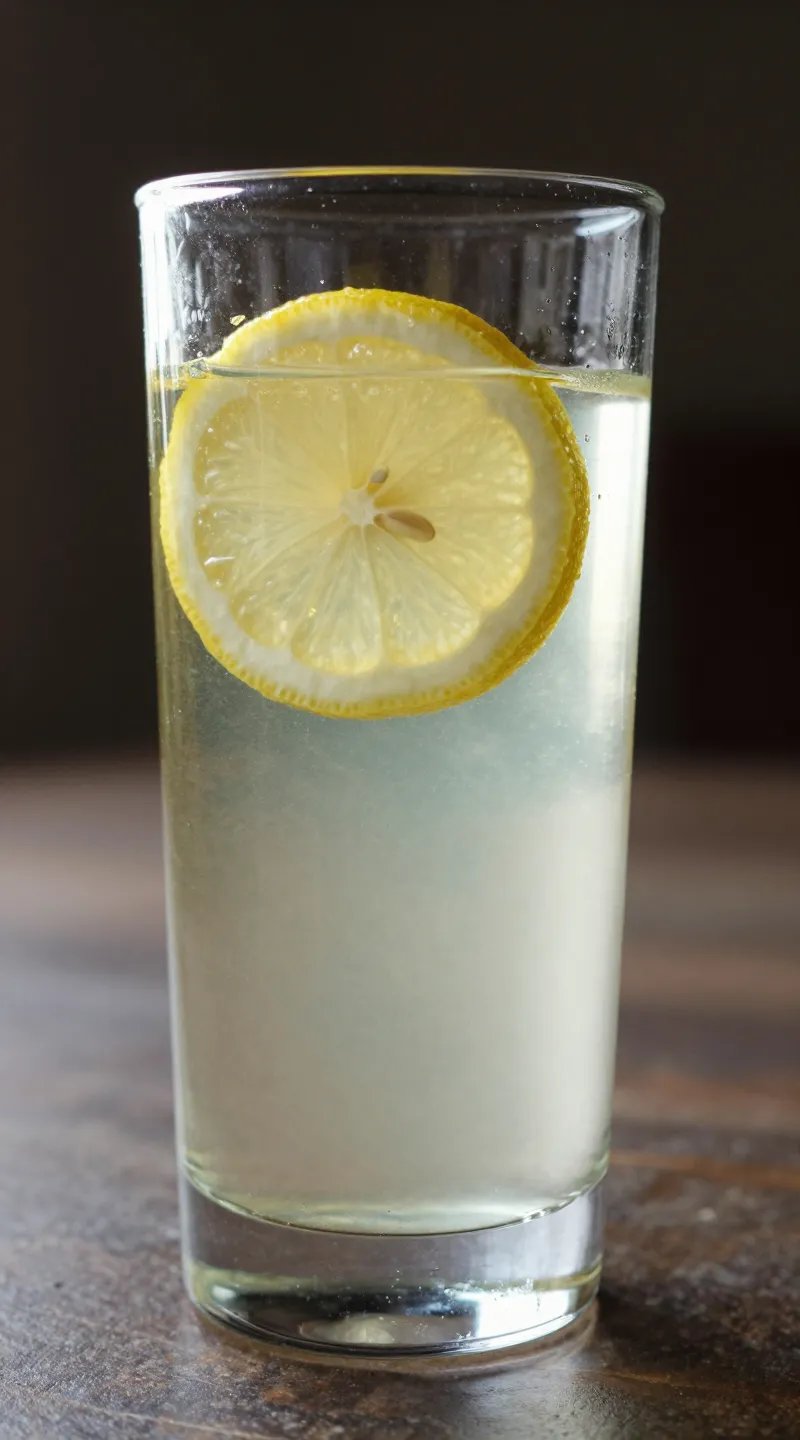 single glass of diluted ACV with lemon slice, backlit