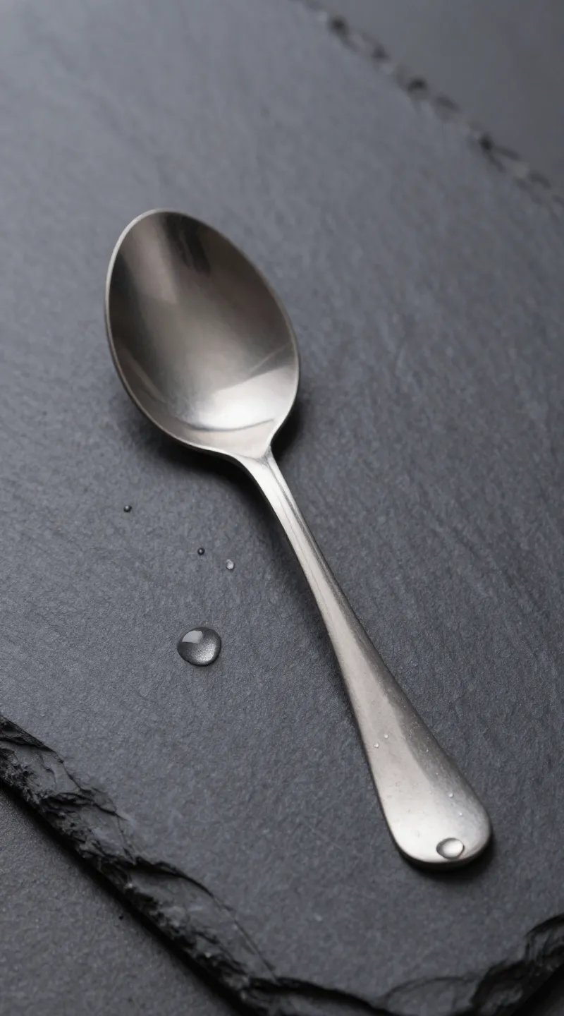 stainless teaspoon with ACV droplets on matte slate surface