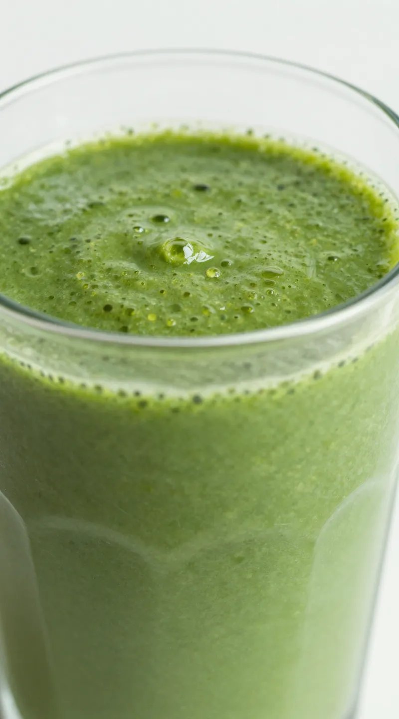 closeup of cortisol-calming green smoothie in clear glass