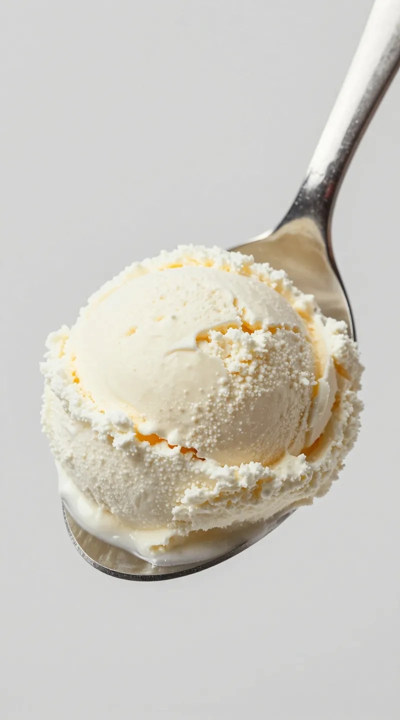 single scoop of vanilla protein powder on stainless tablespoon