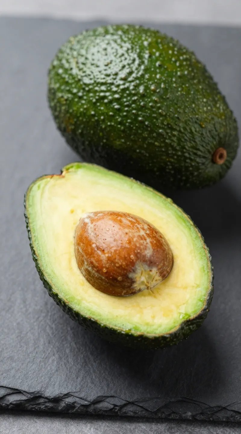ripe avocado half on slate board, seed visible