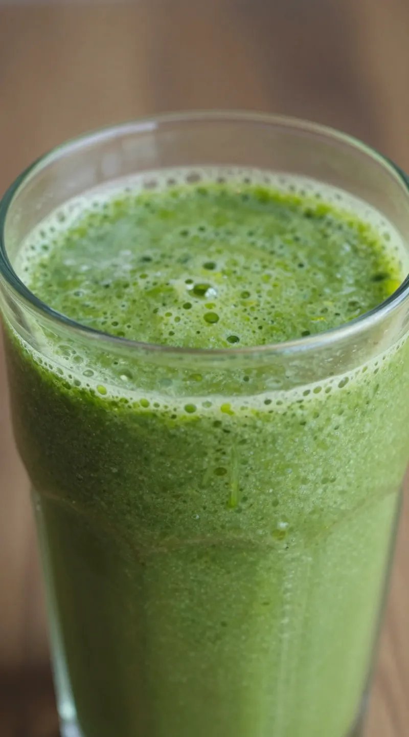 closeup of green high-fiber smoothie in clear glass