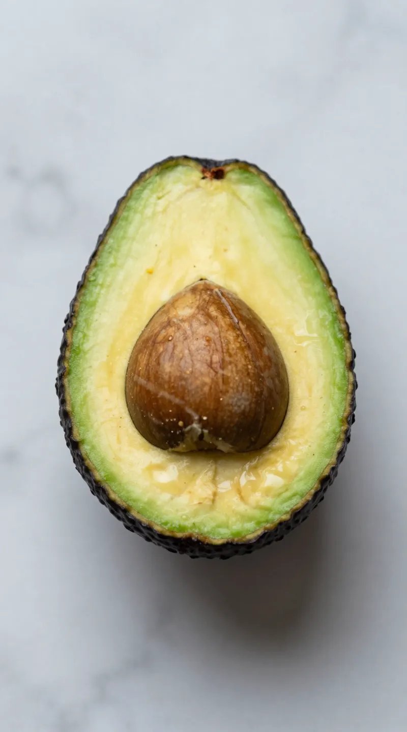 single halved avocado on marble countertop