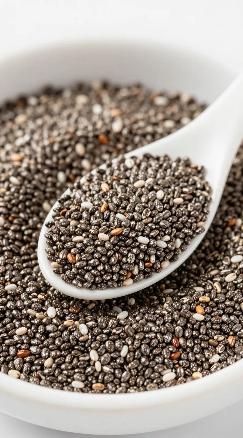 closeup spoonful of chia seeds over white bowl