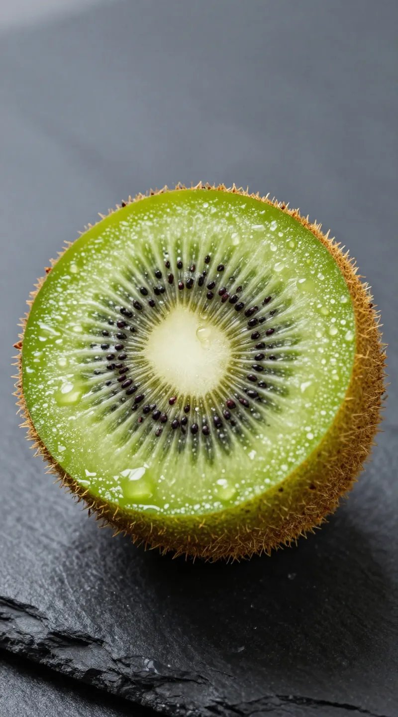Single ripe kiwi half on slate, macro, dewdrop highlights