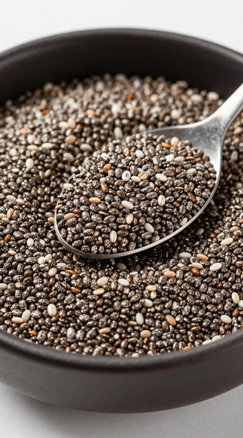 Spoonful of chia seeds over dark ceramic bowl, closeup, studio lighting
