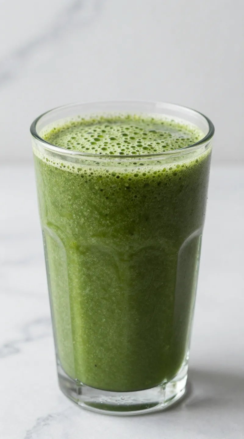 closeup of green detox smoothie in clear glass, marble background