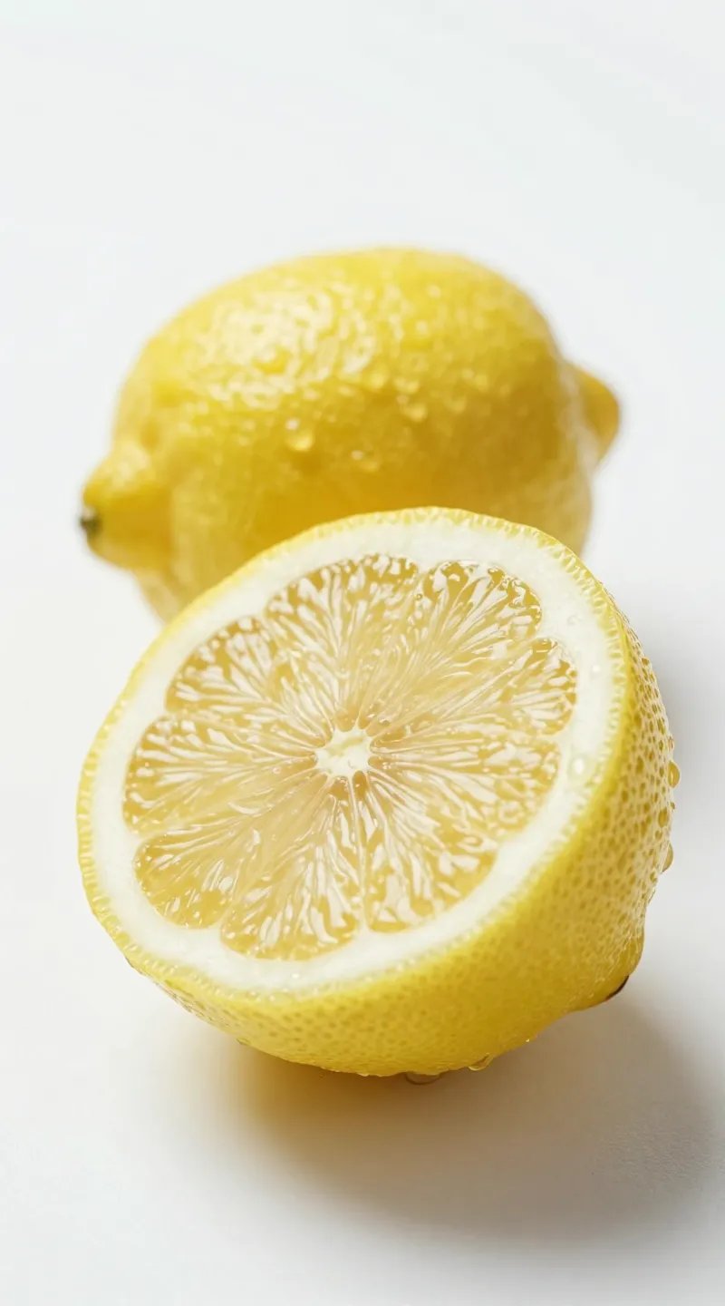 single ripe lemon half with juice droplets, white surface