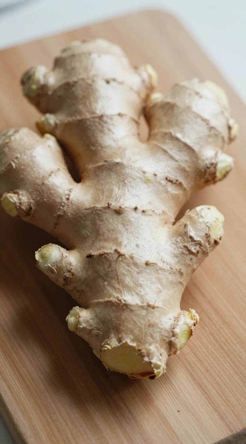 fresh ginger root closeup on cutting board, soft natural light
