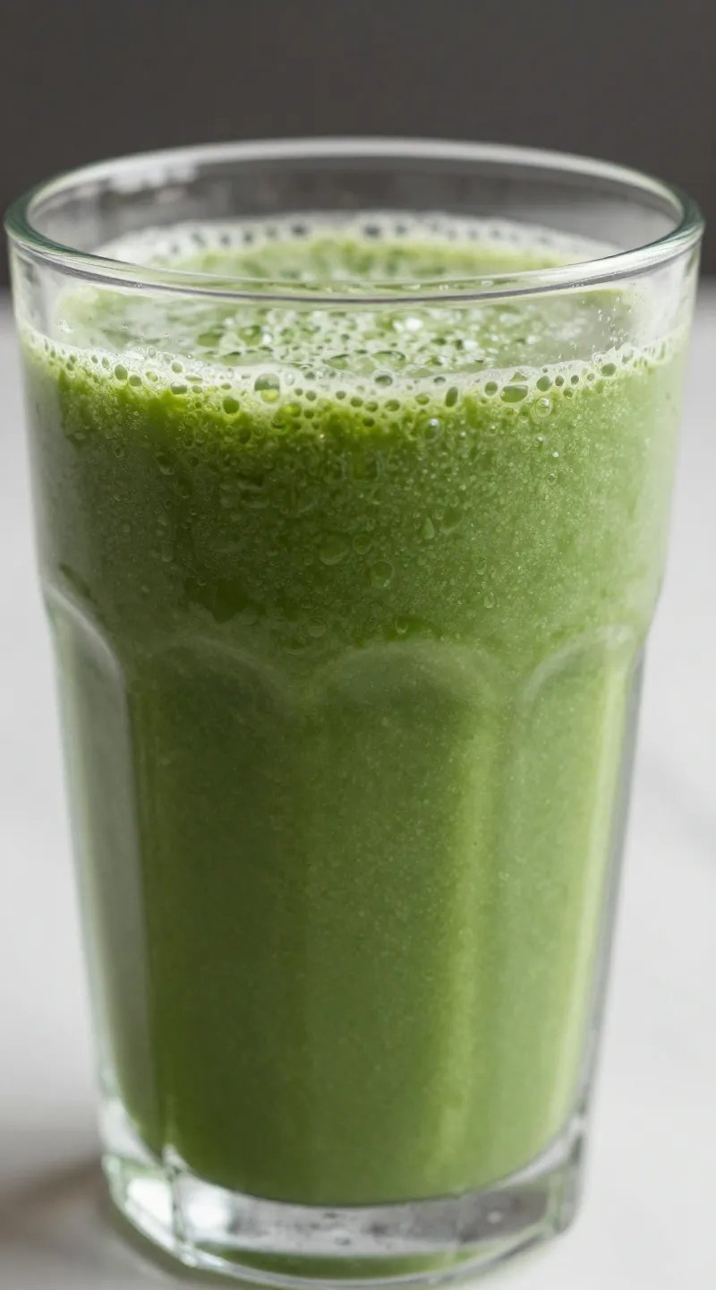 closeup of green detox smoothie in clear glass, condensation