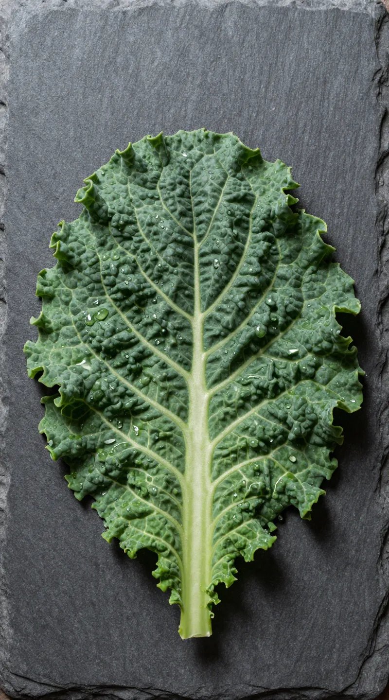 single kale leaf with water droplets on slate backdrop
