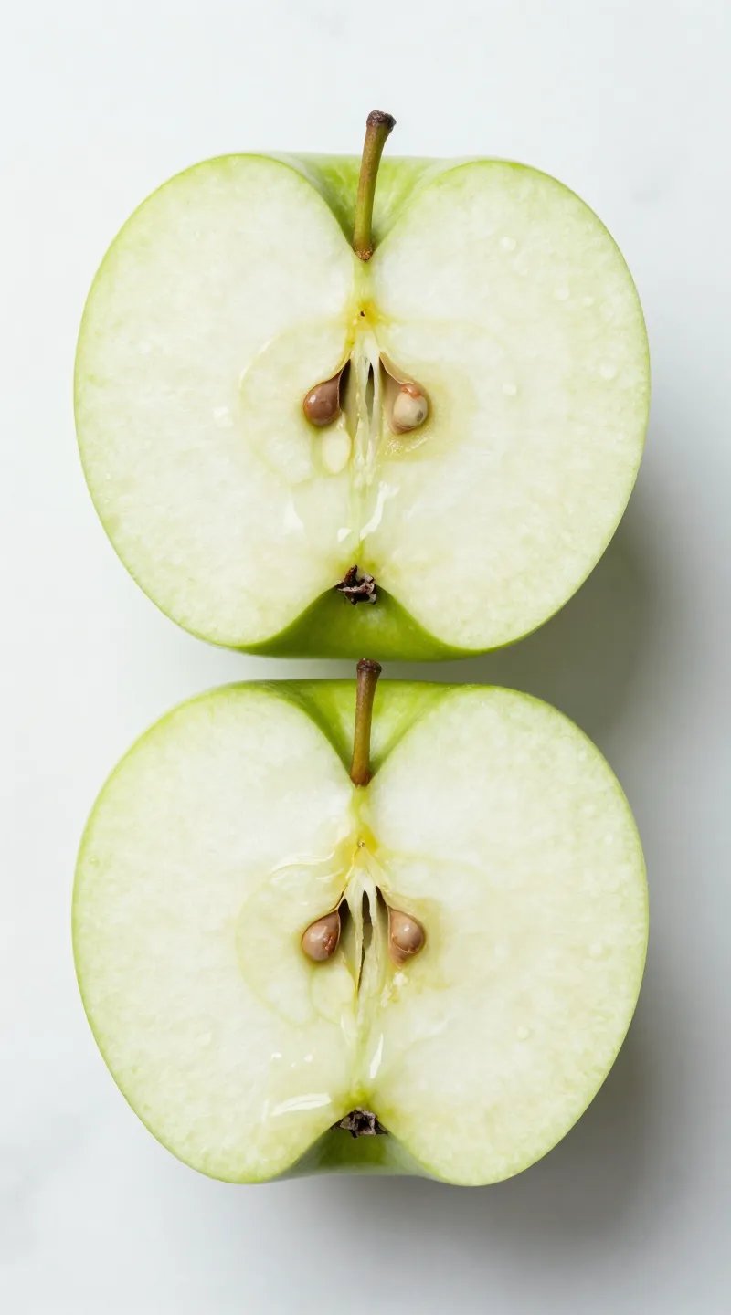 overhead shot of sliced green apple on white marble