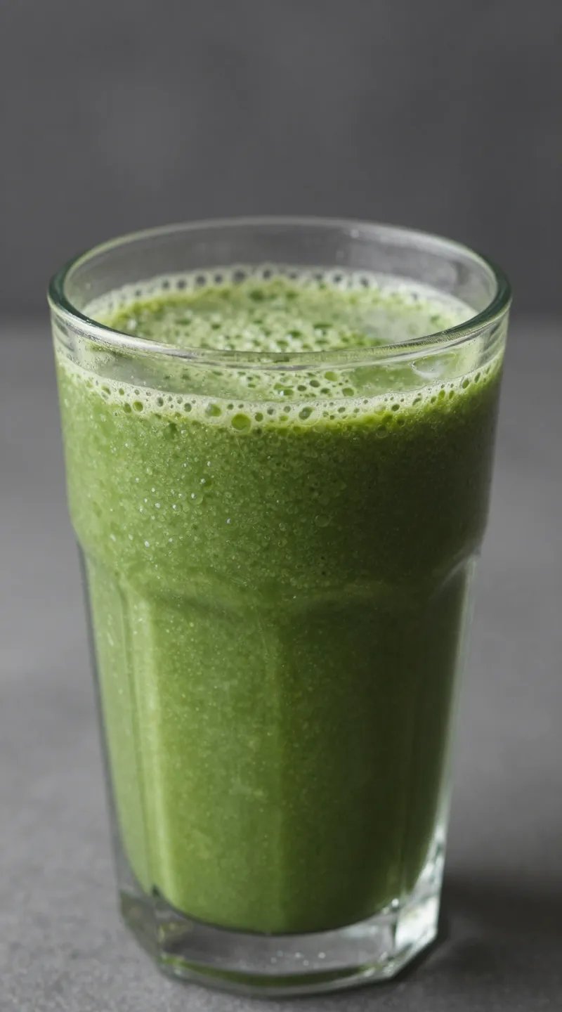 closeup green detox smoothie in clear glass, condensation, studio light