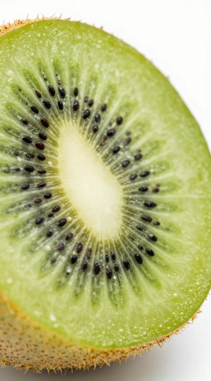 single ripe kiwi cross-section on white background, macro detail
