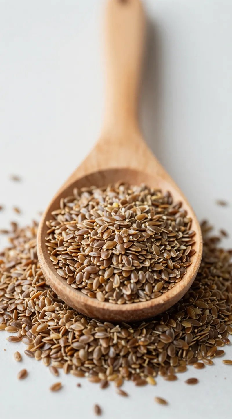 wooden spoon heaped with ground flaxseed, soft natural light