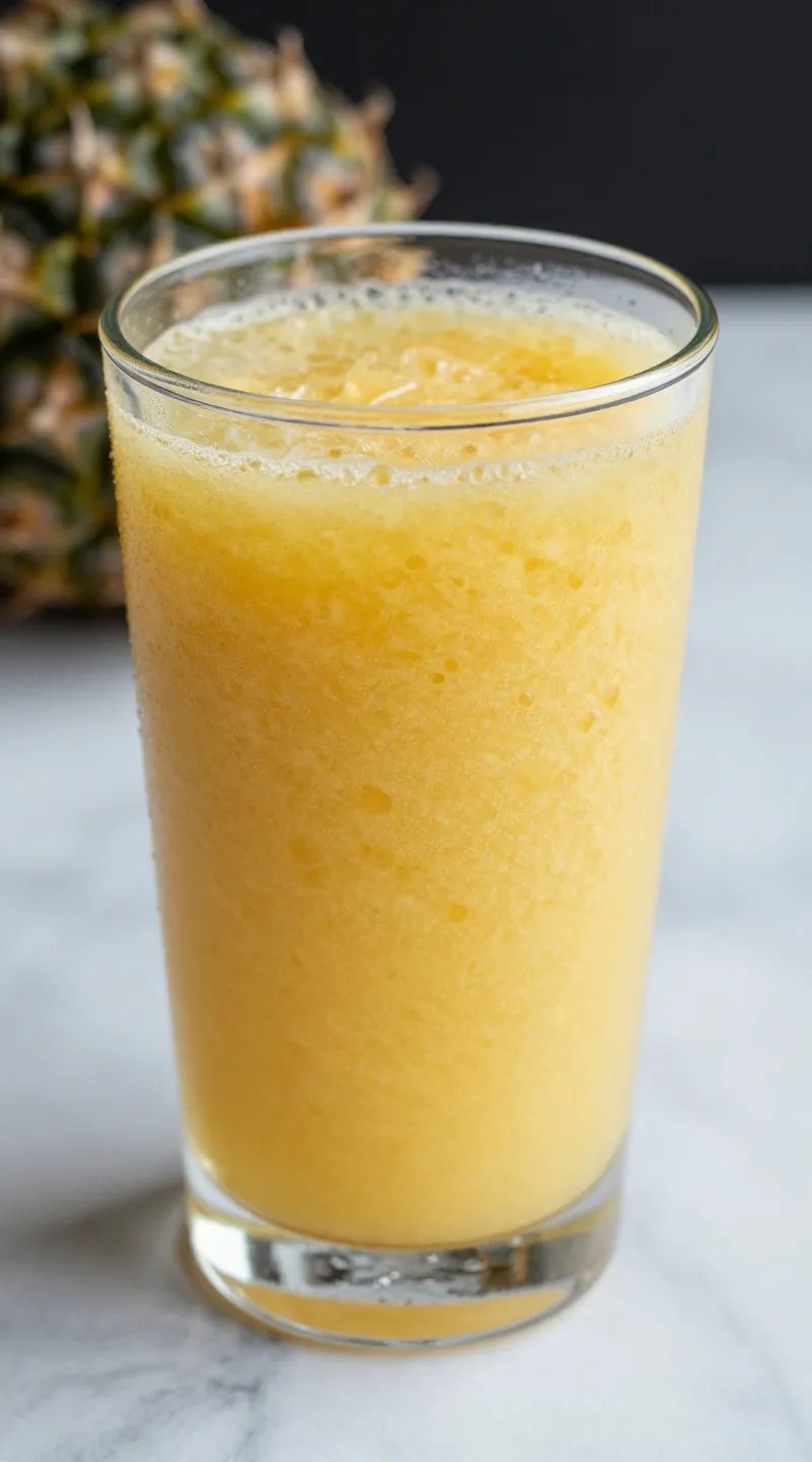 Frosted glass of pineapple detox smoothie, closeup on marble