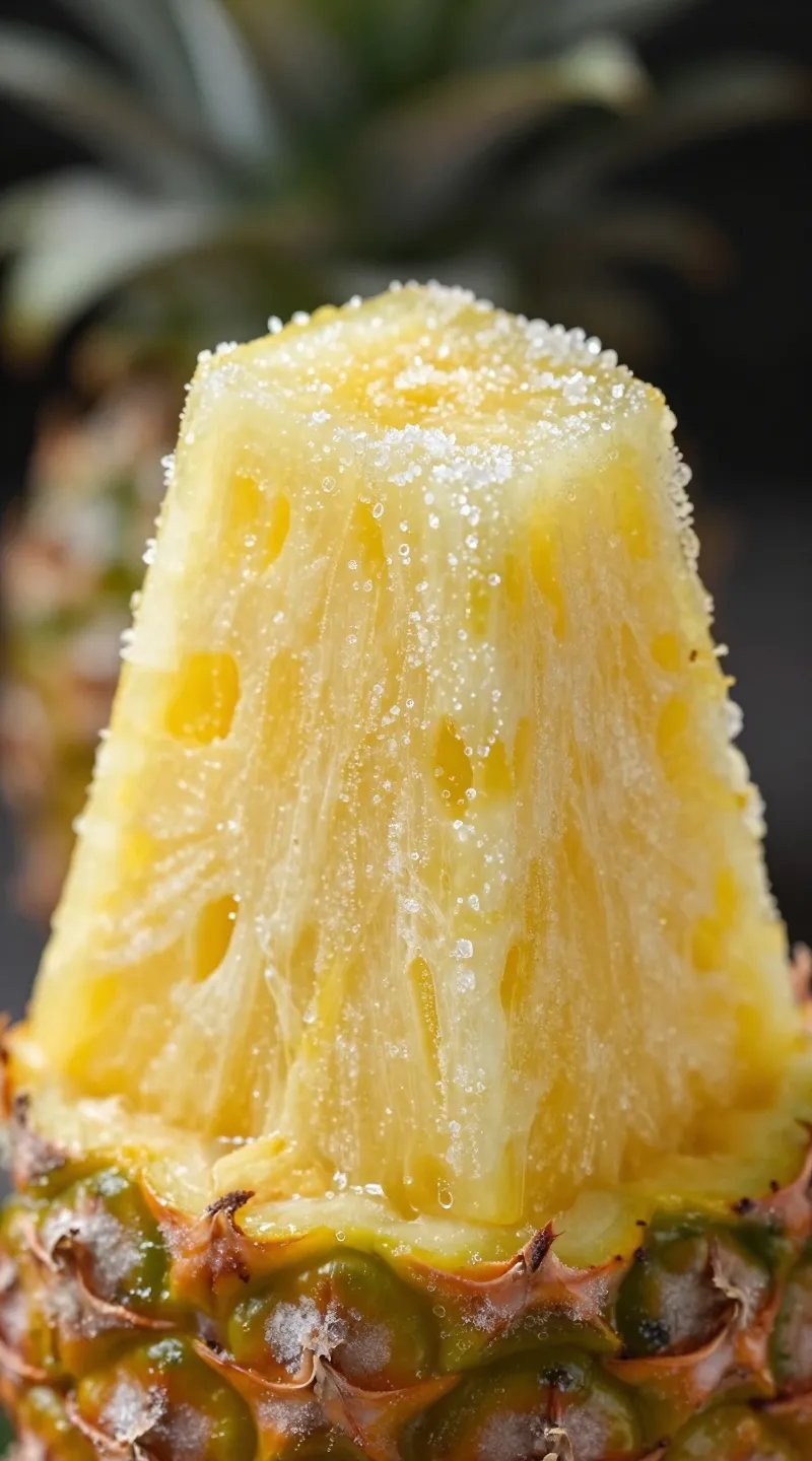 Single frozen pineapple chunk with frost crystals, macro shot