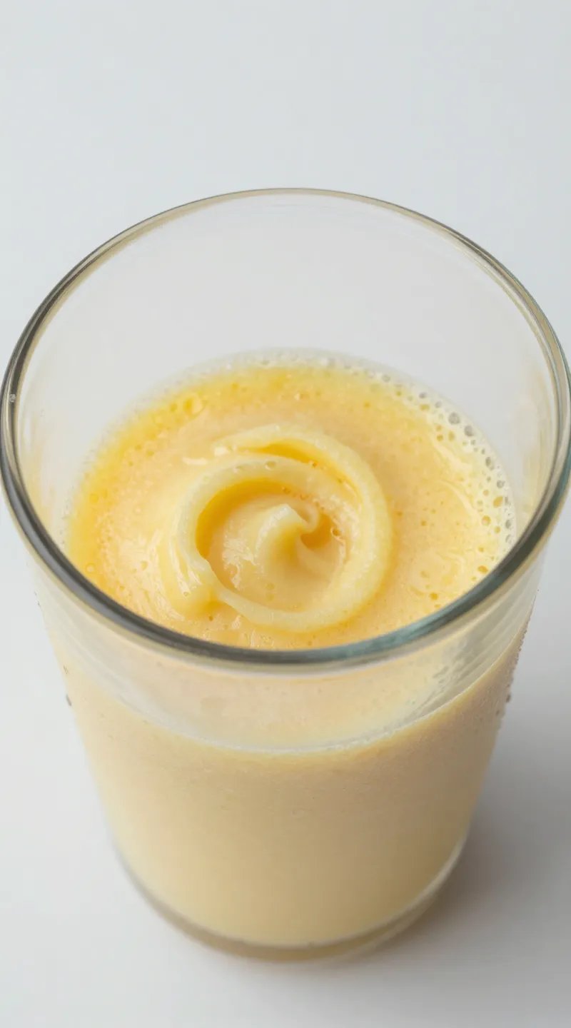 Clear blender jar with pineapple smoothie swirl, top-down closeup