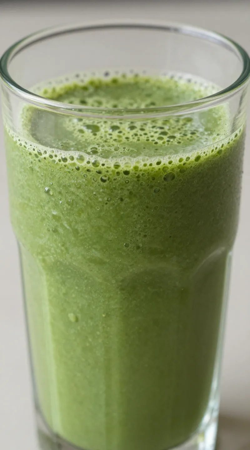 closeup green detox smoothie in clear glass, condensation