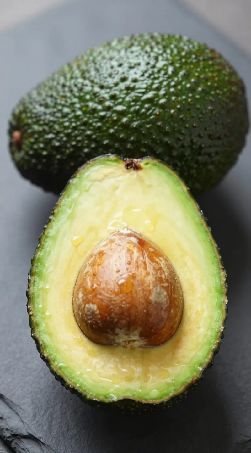 single ripe avocado half on slate, seed visible