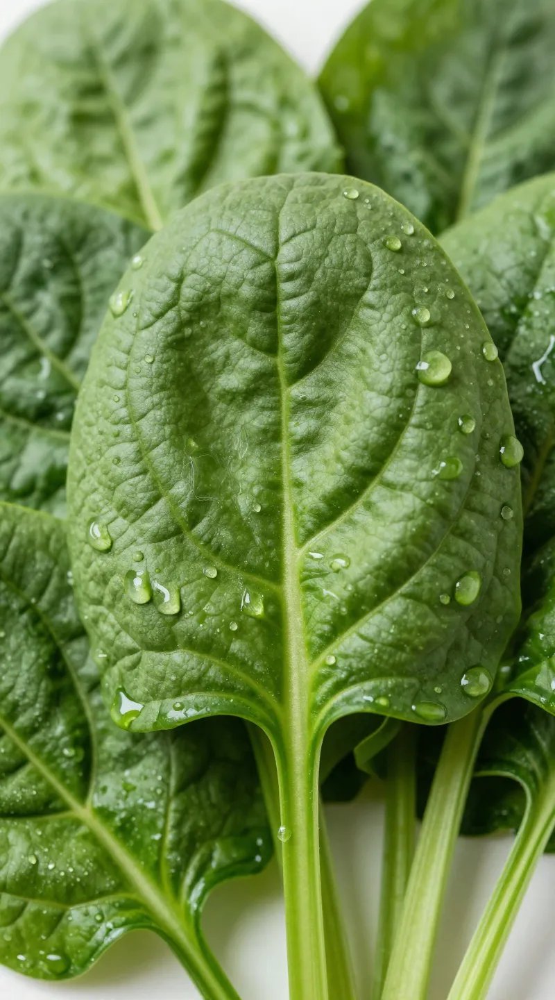 fresh spinach leaves closeup with water droplets, studio light