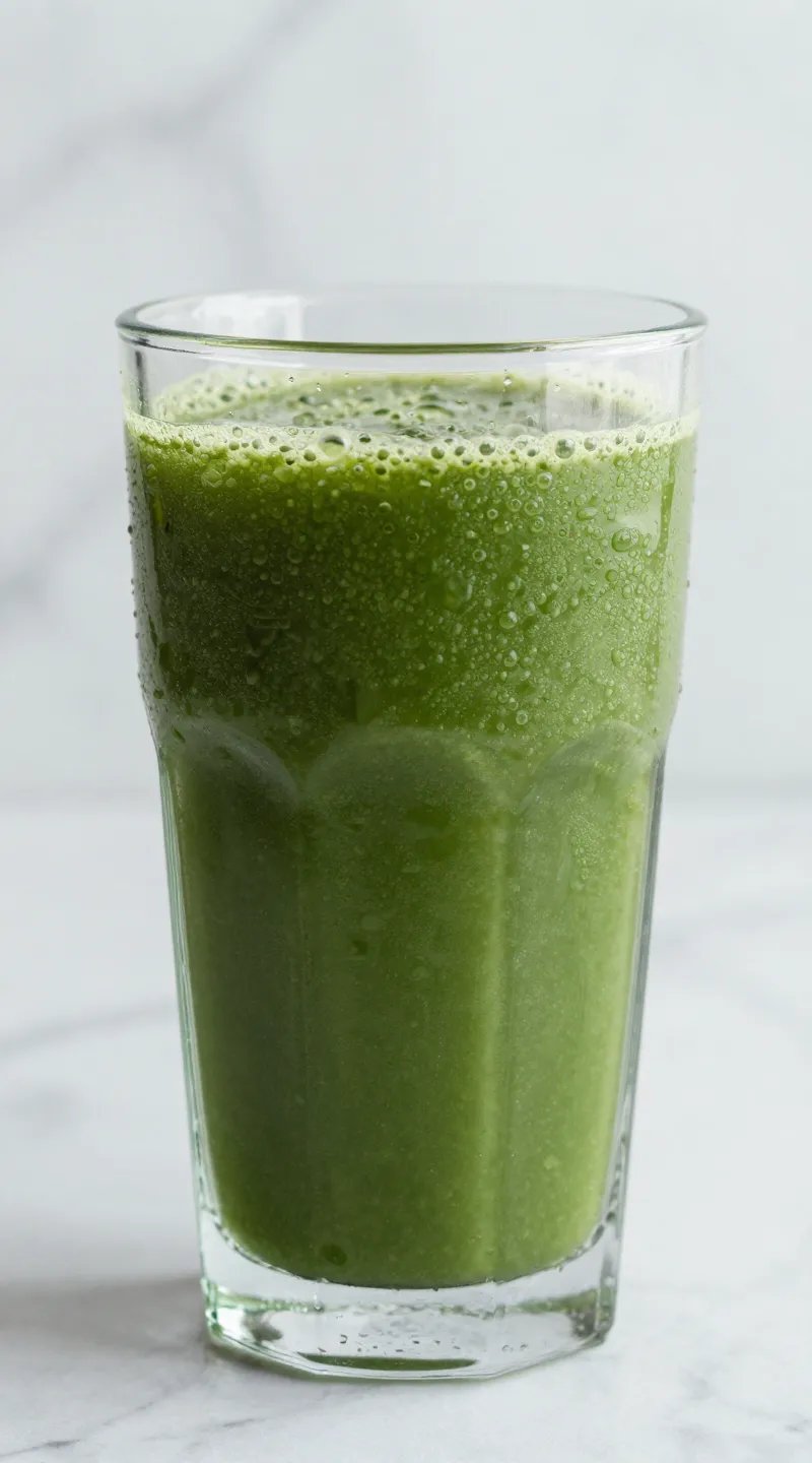 closeup glass of green detox smoothie, condensation, marble backdrop