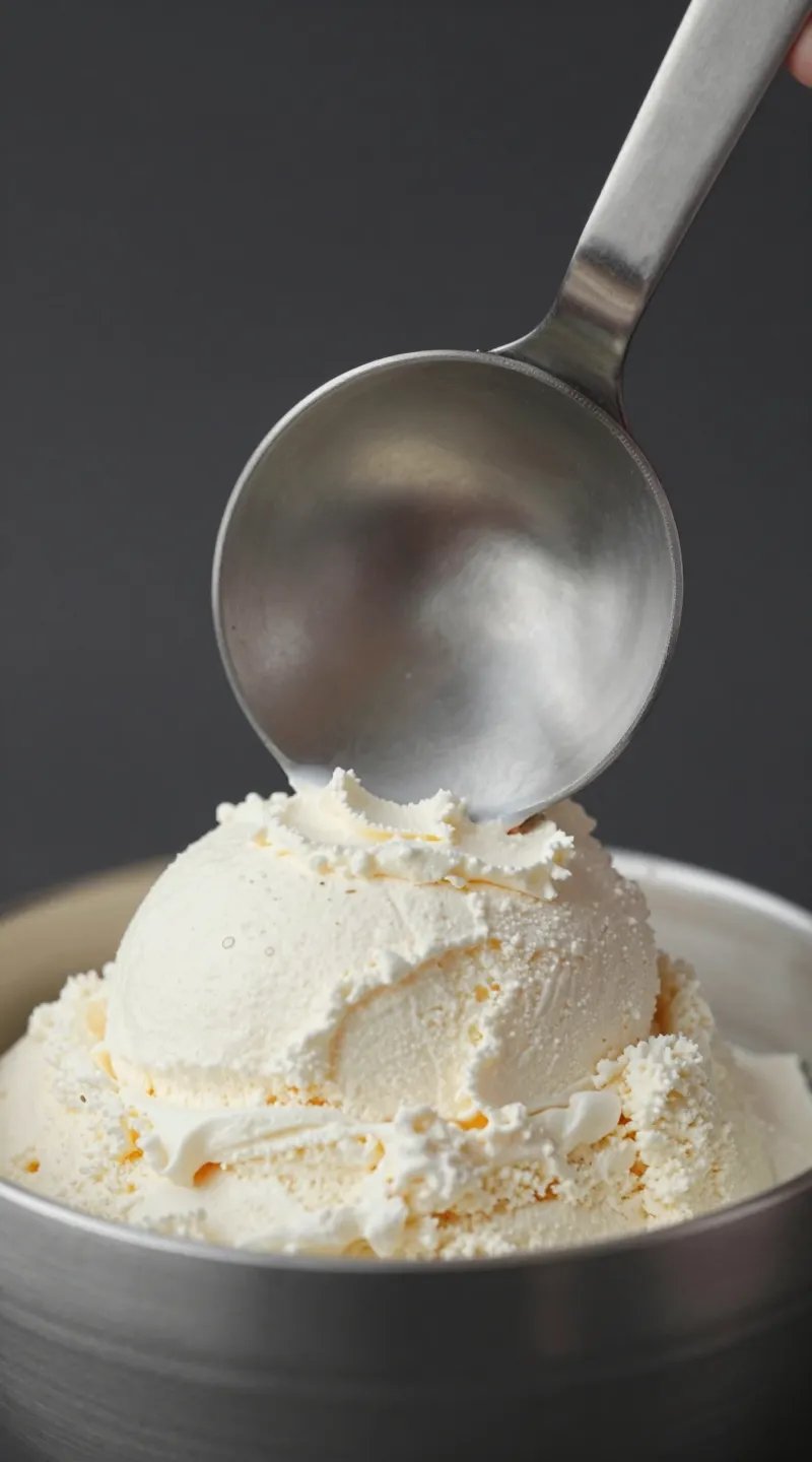 single scoop vanilla protein powder in stainless scoop, soft light