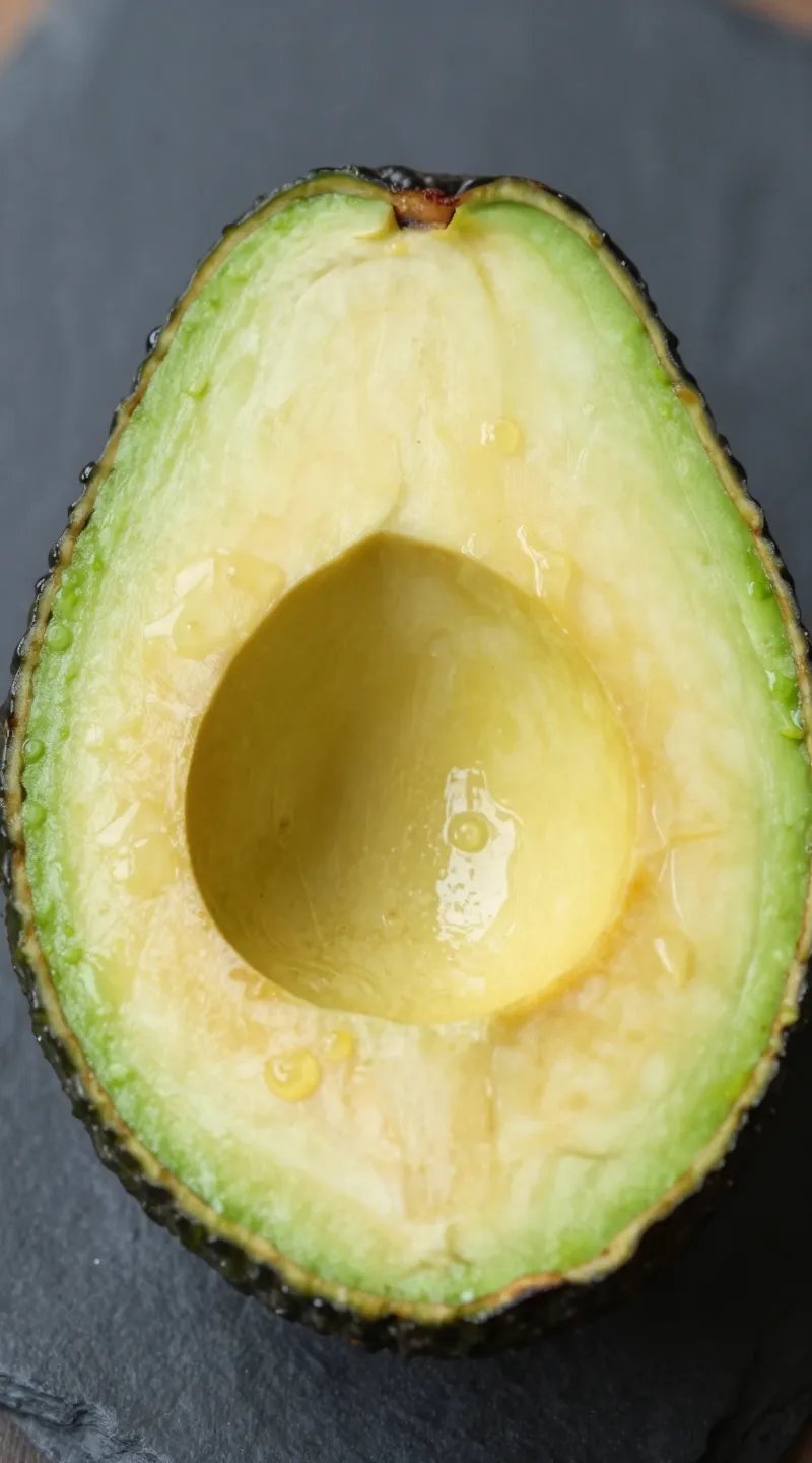 halved avocado on dark slate, glistening flesh, macro shot